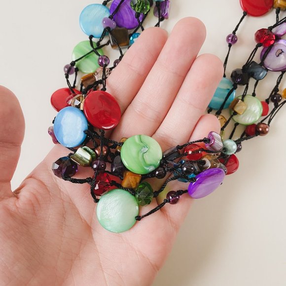 Premier Designs Bright Colorful Shell Glass Beaded Cord Funky Statement Necklace - Picture 8 of 12